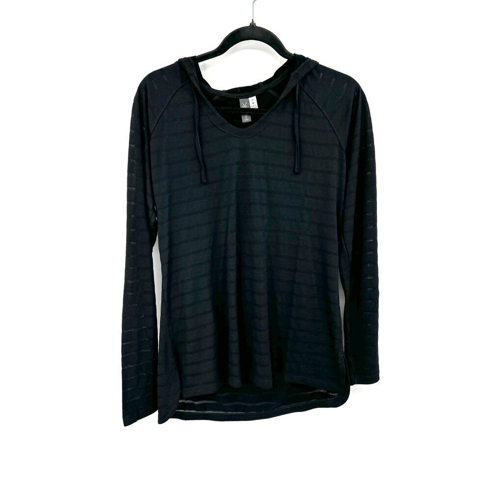 IBEX Womens Black Long Sleeve Merino Wool Semi-Sheer Striped Hoodie Shirt Medium